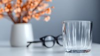 Empty crystal glass on desk with reading glasses and dried flowers in white vase against gray wall, creating minimalist home office atmosphere.