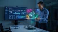 Professional businessman analyzing holographic financial data and charts in modern office environment with digital dashboard display for business intelligence.