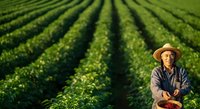 Mature male farmer in straw hat and work clothes standing in lush green crop field rows holding harvested produce for agriculture and farming industry concepts.