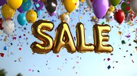Gold foil balloon letters spelling SALE float among colorful party balloons and falling confetti against blue sky background, creating festive shopping promotion atmosphere.