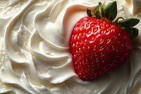 Fresh ripe strawberry on creamy white whipped cream background with soft shadows and natural lighting, macro food photography for dessert advertising.