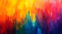 Vibrant abstract painting with colorful brushstrokes in orange, yellow, red, blue, and purple creating a dynamic gradient effect.