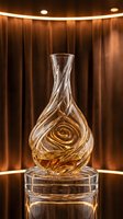 Elegant crystal whiskey decanter with swirled pattern containing amber liquor on reflective surface against warm wooden background with dramatic lighting.