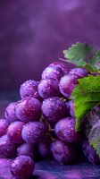 Fresh purple grapes with water droplets and green leaves on dark background, macro photography showing juicy texture and natural dewdrops in moody lighting.