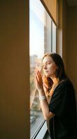 Young Caucasian woman with long brown hair looking thoughtfully out large window with hands pressed against glass in warm sunlight for wellness concepts.