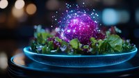 Glowing purple sphere with digital network pattern floating above fresh lettuce leaves in blue plate, magical culinary concept with bokeh background.