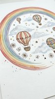 Watercolor rainbow arc with hot air balloons, clouds, stars and butterflies in pastel colors for nursery decor and children's room wall art.