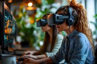 Young woman with curly red hair wearing VR headset while working at computer in modern office environment with warm lighting and plants in background.