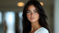 Young woman with long dark hair and natural makeup wearing white top smiling confidently at camera against blurred background, professional portrait for business.