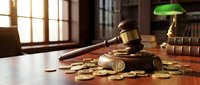 Wooden gavel with golden coins on judge desk in courtroom with green banker lamp and law books for legal financial litigation concept.