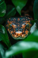 Close-up portrait of orange and black patterned snake head with piercing green eyes among dark green leaves, showing detailed scales and hypnotic gaze in natural setting.