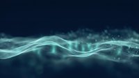 Flowing wave of glowing particles and light streaks against dark background, suitable for technology, data visualization, and digital motion graphics projects.