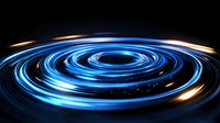 Glowing blue and gold light trails form dynamic spiral on black background, creating futuristic energy vortex effect for technology and science designs.