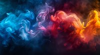 Colorful smoke waves in blue, purple, red and orange creating abstract art composition against black background, dynamic flow of vibrant colors merging together.