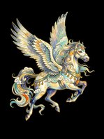 Ornate winged horse with gold and teal decorative details, isolated on transparent background. Ready for t-shirts, stickers, clipart, sublimation, and print-on-demand designs.