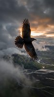 Majestic raven soaring over dramatic mountain landscape with storm clouds and golden sunset light breaking through misty valleys below.