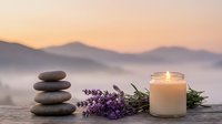 Zen spa composition with stacked stones, lavender flowers and glowing candle against misty mountain sunrise backdrop for wellness and meditation concepts.