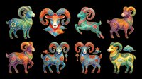 Colorful decorative goats and rams with ornate patterns, isolated on transparent background. Ready for t-shirt design, clipart, stickers, sublimation, print-on-demand products and digital crafts.