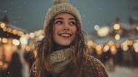 Young woman in knit hat and scarf smiling during snowfall with festive bokeh lights in background, creating magical winter atmosphere.