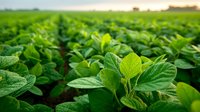 Young soybean plants with vibrant green leaves growing in agricultural field during sunny day, suitable for farming and agriculture industry content.