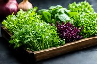 Fresh microgreens assortment in wooden box on dark background, including purple basil and green varieties. Natural light food photography for healthy eating concept.