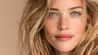 Young blonde woman with natural makeup and tousled hair looking directly at camera with soft lighting and warm skin tones for beauty and lifestyle content.