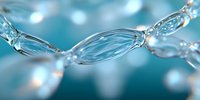 Crystal clear water drops forming elegant chain-like pattern against turquoise background, macro photography with soft bokeh effect creates abstract artistic composition.