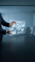 Businessman interacting with holographic interface displaying efficiency improvement and performance enhancement analytics in modern conference room.