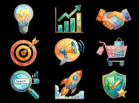 Watercolor business icon set with lightbulb, growth chart, handshake, target, megaphone, cart, search, rocket, shield. Isolated on transparent background for clipart, stickers, print on demand.
