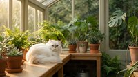 Fluffy white cat resting on wooden windowsill surrounded by potted plants in sunlit greenhouse or conservatory interior space.