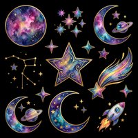 Cosmic galaxy elements with vibrant nebula textures, isolated on transparent background. Includes moons, stars, planets, rocket, and constellation designs. Ready for t-shirt designs, stickers, clipart, sublimation, and print-on-demand projects.