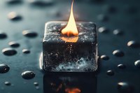 Single flame burning atop melting ice cube on dark reflective surface with water drops, creating dramatic contrast between fire and ice in moody lighting.