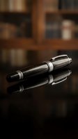 Luxury fountain pen with dark wood barrel and chrome accents resting on reflective surface against blurred wooden interior background, suitable for business, writing, and stationery concepts.