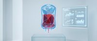 Futuristic holographic display showing geometric crystal structure with red core in modern laboratory setting for technology and science presentations.