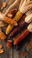 Colorful heirloom corn varieties with husks on rustic wooden background, autumn harvest display with burlap and dried leaves for seasonal cooking.