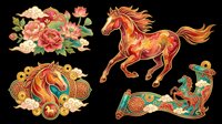 Ornate floral and animal designs with gold accents isolated on transparent background. Ready for t-shirt design, clipart, stickers, sublimation, and print-on-demand projects.