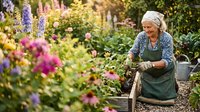 Senior woman with white hair and light skin tone, wearing green apron and blue checkered shirt, tending to flowering plants in lush garden with purple and pink blooms, holding gardening tools.