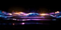 Abstract glowing wave with light effects on dark background, flowing energy stream in purple and blue colors with sparkles and luminous particles.