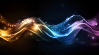Abstract flowing energy waves with glowing particles in golden blue and purple colors on dark background for digital art and futuristic designs.
