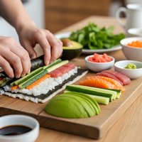 Hands preparing fresh sushi roll with salmon, avocado and cucumber on bamboo mat. Traditional Japanese cuisine cooking process in modern kitchen.