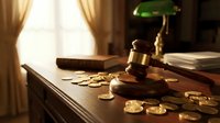 Wooden gavel with brass details and scattered coins on polished desk surface in warm sunlit office setting for legal and financial concepts.
