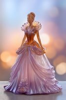 Elegant figurine of female in lavish ball gown with ruffled collar and flowing skirt against soft bokeh background.