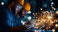 Industrial worker in safety helmet and protective eyewear operating welding equipment with bright sparks flying in manufacturing facility at night.