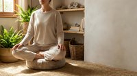 Young woman practicing meditation in lotus position at home with plants and natural light creating peaceful wellness atmosphere.