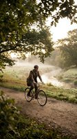 Middle-aged Caucasian man cycling on rural dirt path beside misty river during golden hour sunrise with overhanging tree branches creating natural frame.