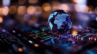 Glass sphere with world map on circuit board with glowing lights representing global technology, connectivity and digital transformation for business concepts.