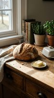 Rustic artisan bread loaf with crispy crust displayed on wooden table by window with fresh herbs, butter, and vintage books for home kitchen styling.