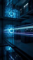 Futuristic data center with glowing neon circuit board patterns on glass walls, server racks, and blue light streaks representing digital data flow and network connectivity.