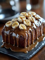 Decadent chocolate bundt cake topped with caramel glaze and sliced bananas, perfect for bakery, dessert, and food styling projects.