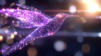 Glowing purple hummingbird formed by luminous particles against dark background with bokeh lights and lens flares, magical digital art style.
